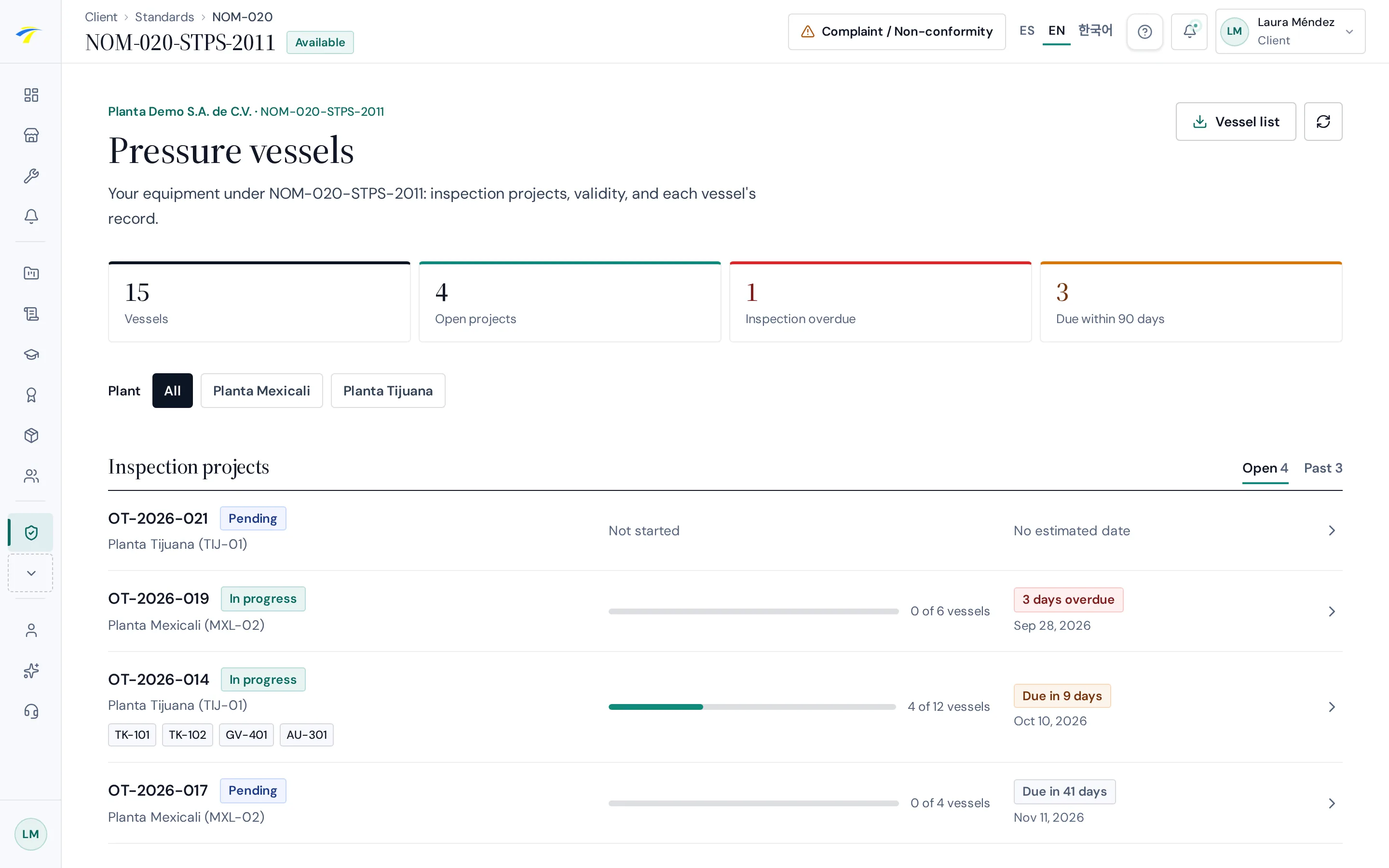CSE client portal: NOM-020 overview with the vessel count, overdue and upcoming inspections, and inspection projects in progress